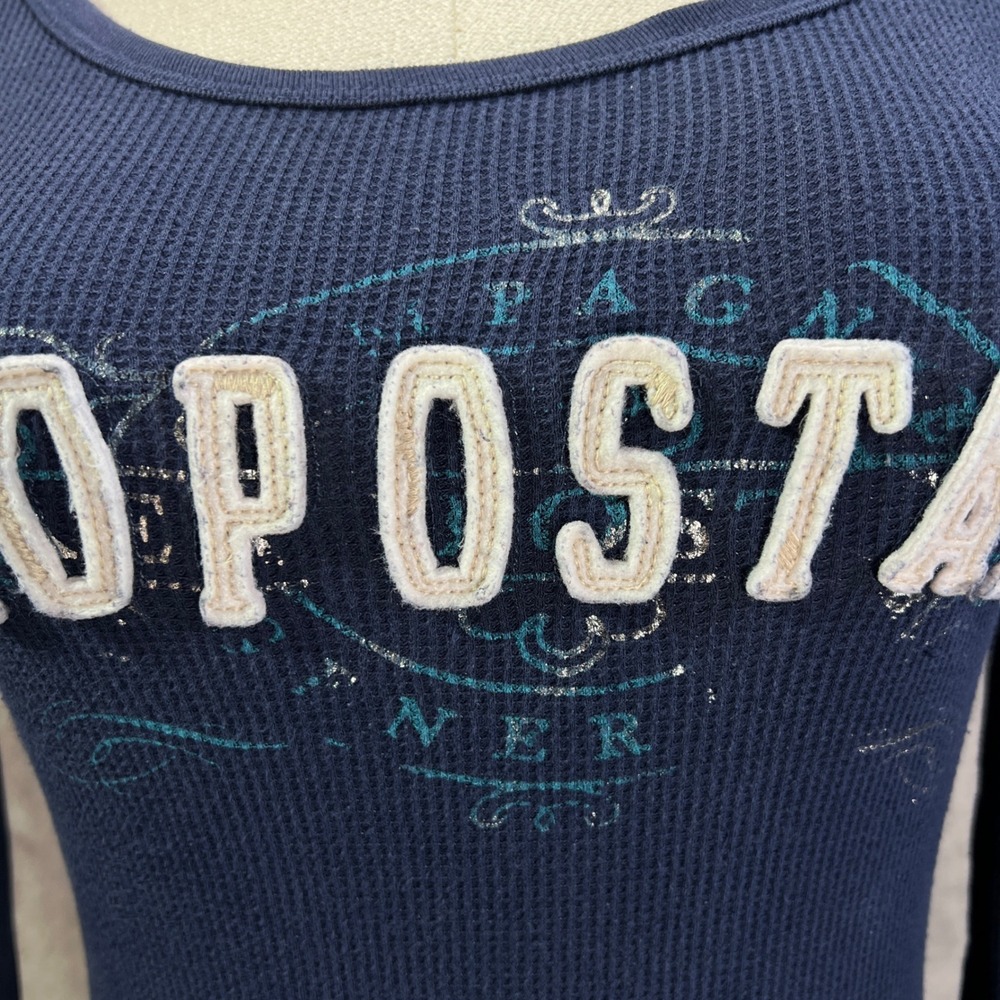 Y2K Aeropostale Waffle Knit Shirt Blue Womens XS Navy Pink Bella Swan 2000s - Picture 3 of 11